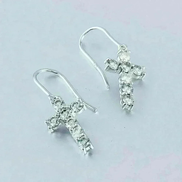 NEW Sterling Silver Diamond Cross Drop Earrings - Picture 3 of 4